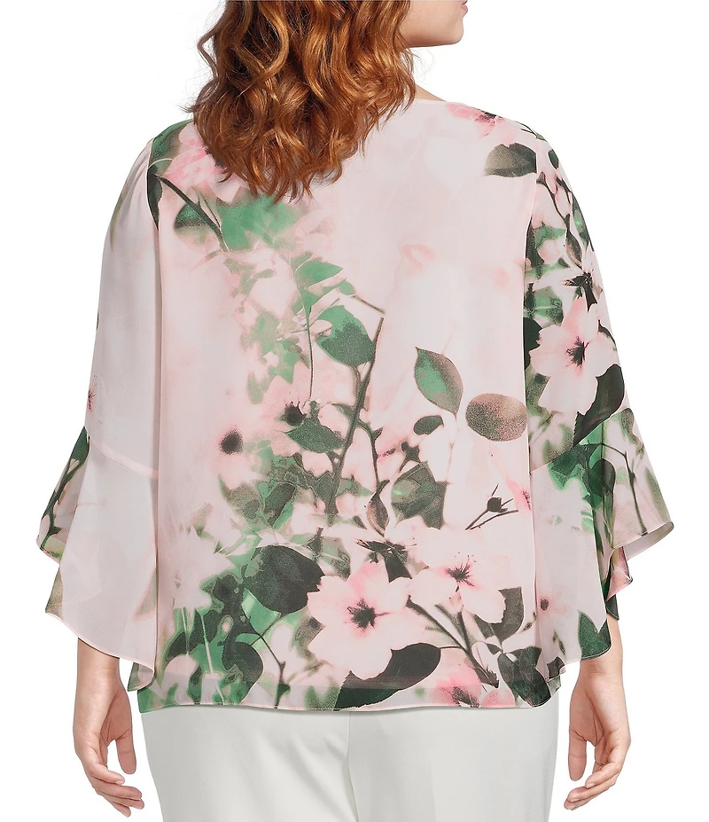 Kasper Plus Size Floral Print 3/4 Flutter Sleeve Keyhole Neckline Chiffon Blouse