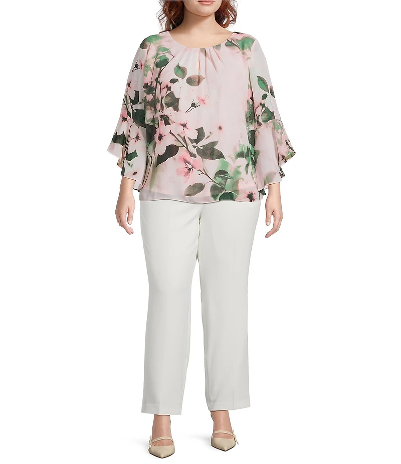 Kasper Plus Size Floral Print 3/4 Flutter Sleeve Keyhole Neckline Chiffon Blouse