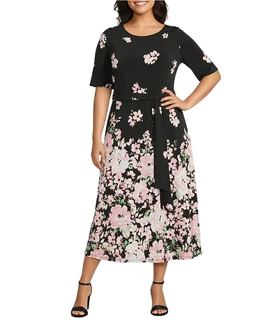 Kasper Plus Size Floral Print 3/4 Sleeve Crew Neck Jersey Knit Self-Tie Sash A-Line Midi Dress
