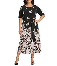 Kasper Plus Size Floral Print 3/4 Sleeve Crew Neck Jersey Knit Self-Tie Sash A-Line Midi Dress