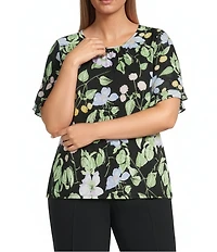 Kasper Plus Size Floral Print Flutter Sleeve Crew Neck Jersey Knit Blouse