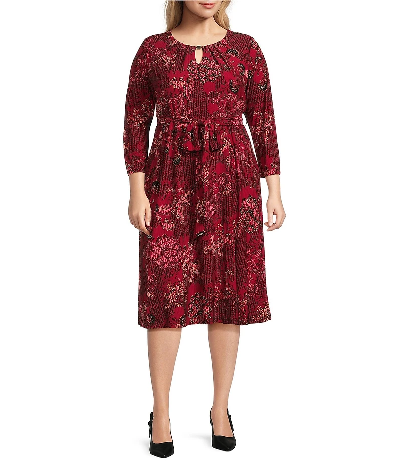 Kasper Plus Size Floral Print Knit Scoop Neck 3/4 Sleeve A-Line Dress