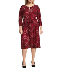 Kasper Plus Size Floral Print Knit Scoop Neck 3/4 Sleeve A-Line Dress