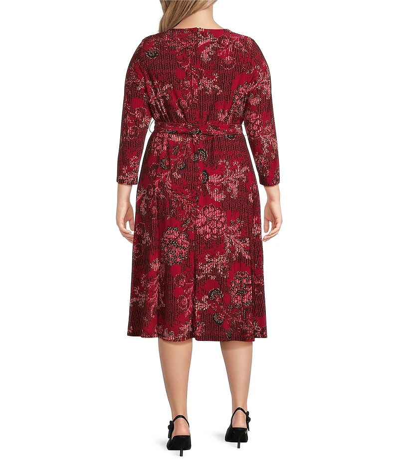 Kasper Plus Size Floral Print Knit Scoop Neck 3/4 Sleeve A-Line Dress
