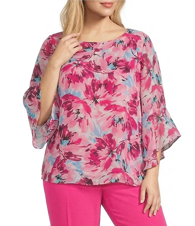 Kasper Plus Size Floral Printed 3/4 Ruffle Sleeve Blouse
