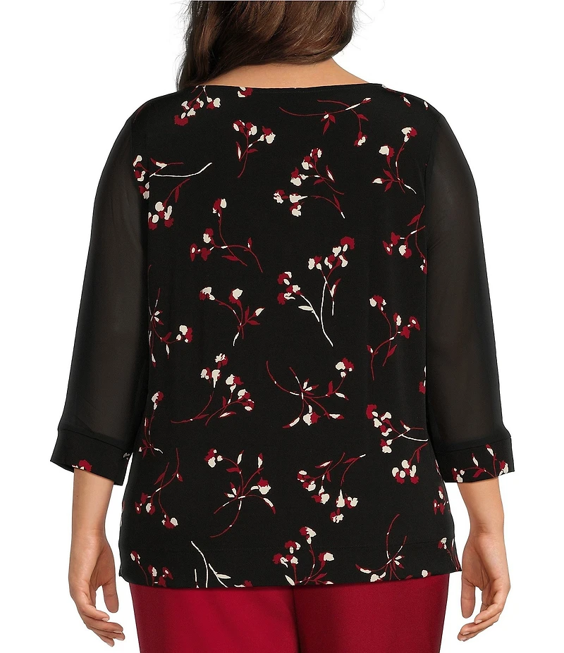 Kasper Plus Size Floral Printed Chiffon Boat Neck Long Sleeve Top