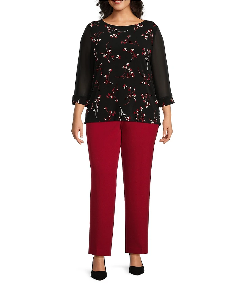 Kasper Plus Size Floral Printed Chiffon Boat Neck Long Sleeve Top