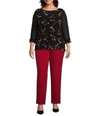 Kasper Plus Size Floral Printed Chiffon Boat Neck Long Sleeve Top