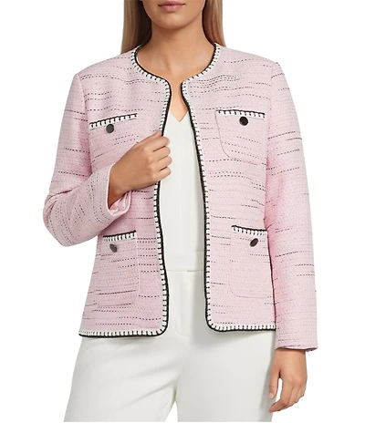 Kasper Plus Size Four Pocket Tweed Trim Patch Pocket Jacket