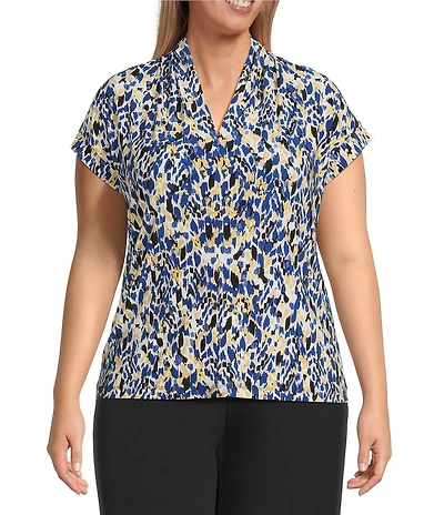 Kasper Plus Size Funnel Neck Sleeveless Abstract Printed Jersey Blouse