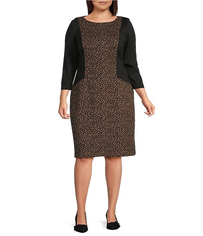 Kasper Plus Size Knit Jacquard Leopard Print Boat Neck 3/4 Sleeve Sheath Dress