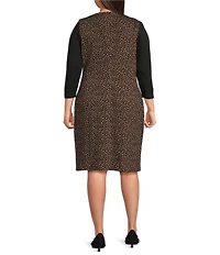 Kasper Plus Size Knit Jacquard Leopard Print Boat Neck 3/4 Sleeve Sheath Dress