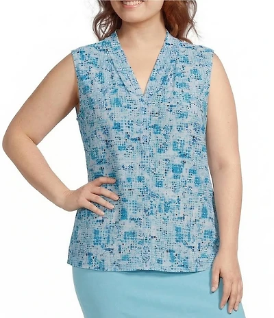 Kasper Plus Size Pleated V-Neck Printed Jersey Sleeveless Tank Top