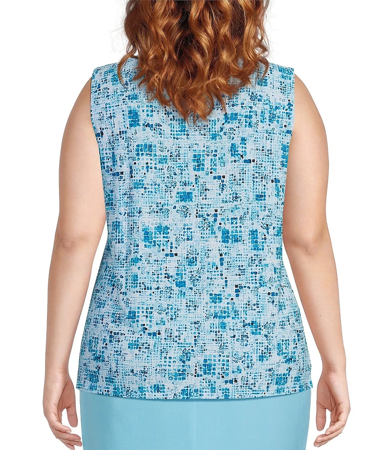 Kasper Plus Size Pleated V-Neck Printed Jersey Sleeveless Tank Top