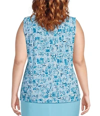 Kasper Plus Size Pleated V-Neck Printed Jersey Sleeveless Tank Top
