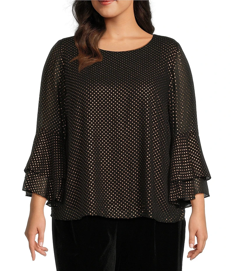Kasper Plus Size Polka Dot Crew Neck Tiered 3/4 Flutter Sleeve Top
