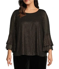 Kasper Plus Size Polka Dot Crew Neck Tiered 3/4 Flutter Sleeve Top