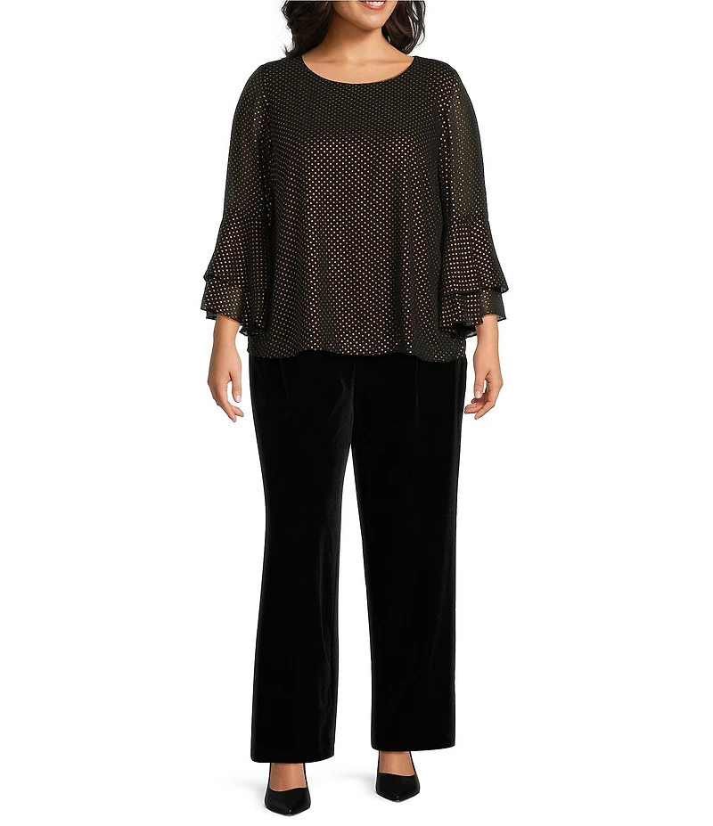 Kasper Plus Size Polka Dot Crew Neck Tiered 3/4 Flutter Sleeve Top