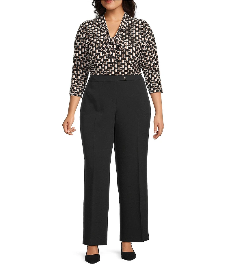 Kasper Plus Size Printed 3/4 Sleeve Tie Neck Jersey Knit Blouse