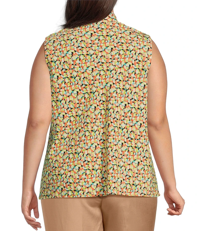 Kasper Plus Size Abstract Print CDC Tie Neck Sleeveless Fitted Blouse