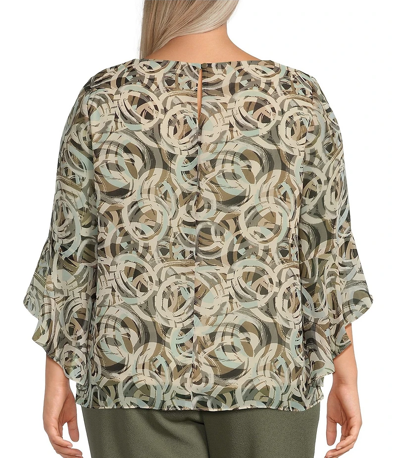 Kasper Plus Size Abstract Crew Neckline 3/4 Flutter Sleeve Blouse