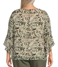 Kasper Plus Size Abstract Crew Neckline 3/4 Flutter Sleeve Blouse