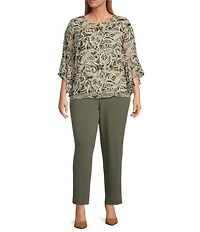 Kasper Plus Size Abstract Crew Neckline 3/4 Flutter Sleeve Blouse