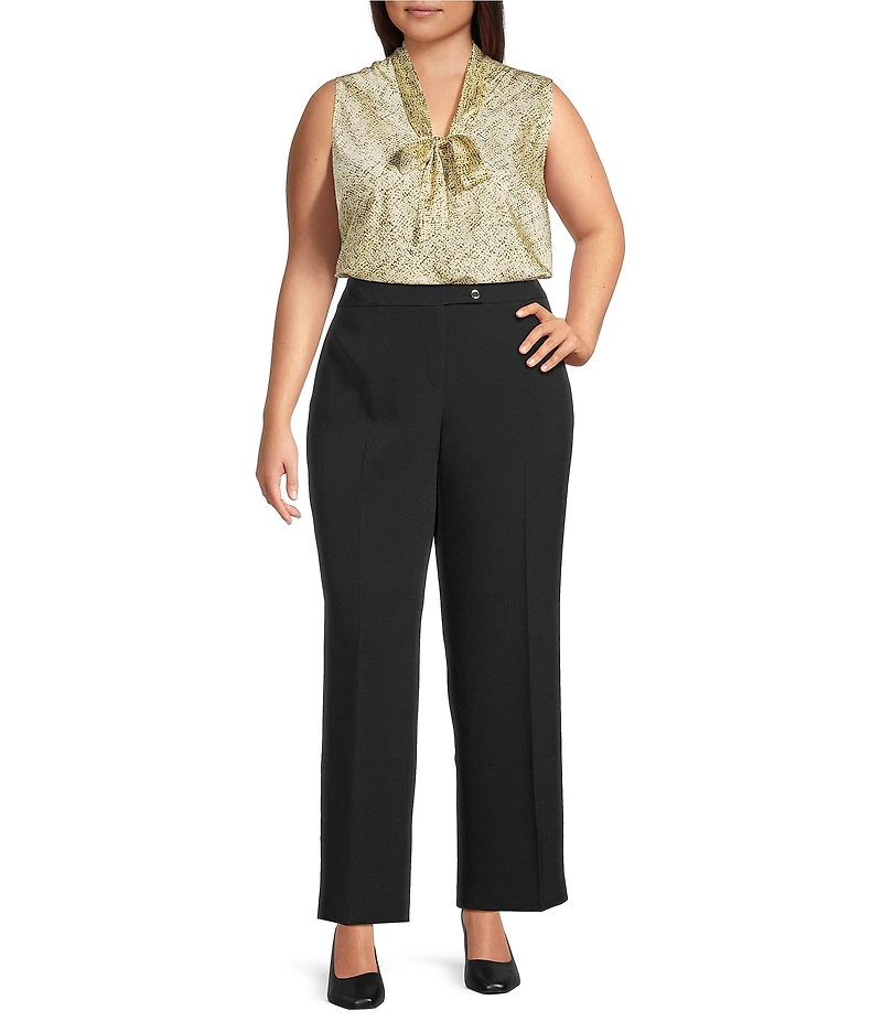 Kasper Plus Size Printed Satin Tie Neck Sleeveless Blouse