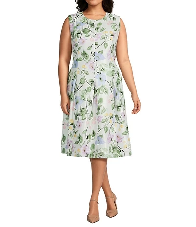 Kasper Plus Size Printed Shantung Crew Neck Sleeveless Box Pleat A-Line Dress