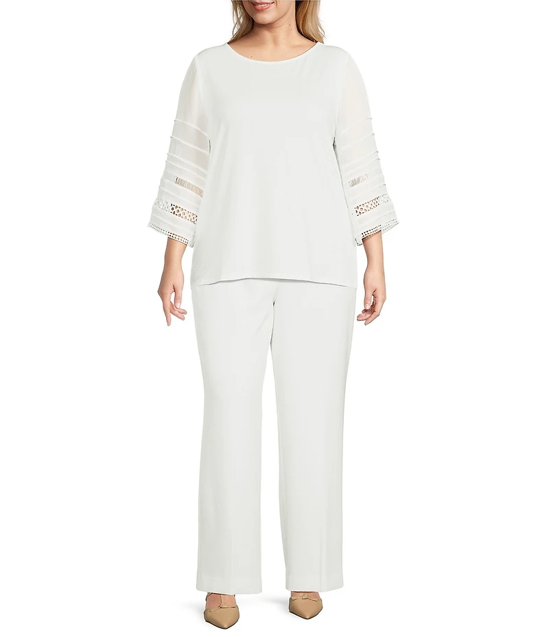 Kasper Plus Size Round Neck 3/4 Pleated Bell Sleeve Top