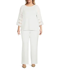 Kasper Plus Size Round Neck 3/4 Pleated Bell Sleeve Top