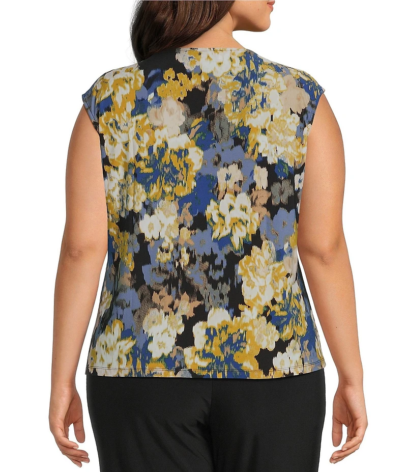 Kasper Plus Size Scoop Pleated Neck Hardware Detail Abstract Floral Printed Knit Jersey Blouse