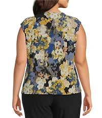 Kasper Plus Size Scoop Pleated Neck Hardware Detail Abstract Floral Printed Knit Jersey Blouse
