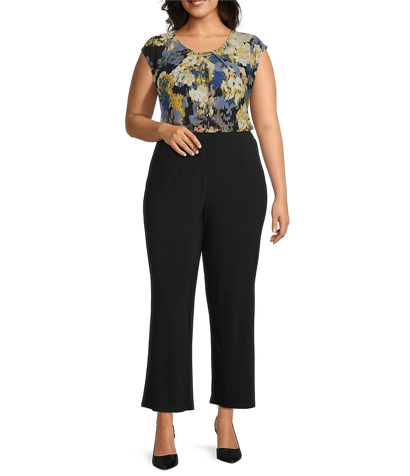 Kasper Plus Size Scoop Pleated Neck Hardware Detail Abstract Floral Printed Knit Jersey Blouse