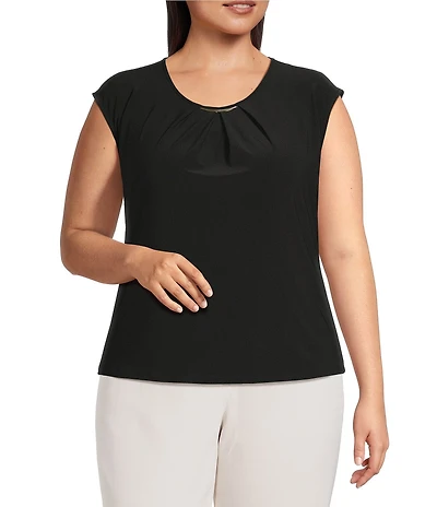 Kasper Plus Size Scoop Pleated Neck Hardware Detail Knit Blouse