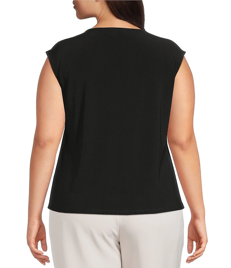 Kasper Plus Size Scoop Pleated Neck Hardware Detail Knit Blouse