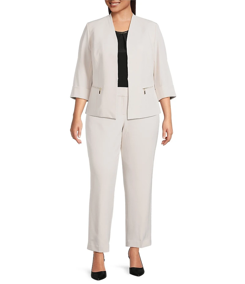 Kasper Plus Size Scoop Pleated Neck Hardware Detail Knit Blouse