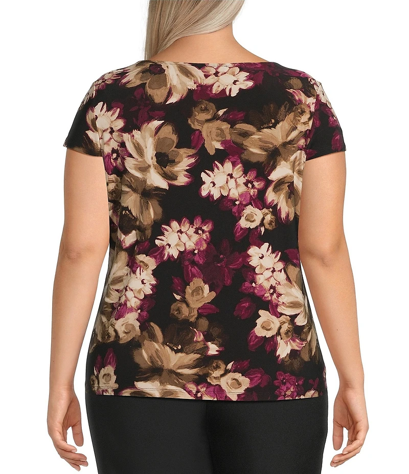 Kasper Plus Size Cap Sleeve Floral Print Cowl Neck Blouse