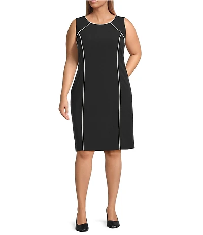 Kasper Plus Size Stretch Crepe Crew Neck Sleeveless Piping Sheath Dress