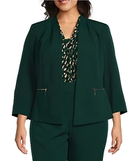 Kasper Plus Size Stretch Crepe Zipper Pocket Long Sleeve Open Front Cardigan Jacket