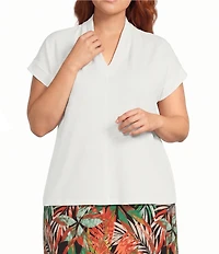 Kasper Plus Size Textured Funnel Neck Cap Sleeve Knit Top