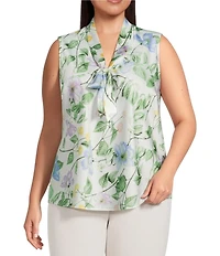 Kasper Plus Size Tie Front Floral Print Satin Sleeveless Blouse