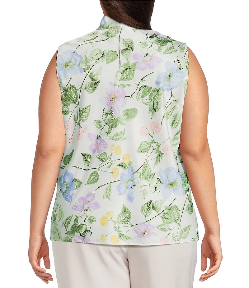Kasper Plus Size Tie Front Floral Print Satin Sleeveless Blouse