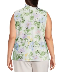 Kasper Plus Size Tie Front Floral Print Satin Sleeveless Blouse