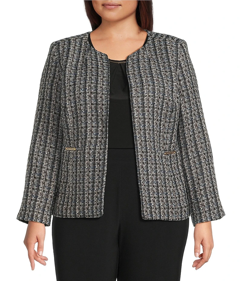Kasper Plus Size Tweed Long Sleeve Open Front Cardigan