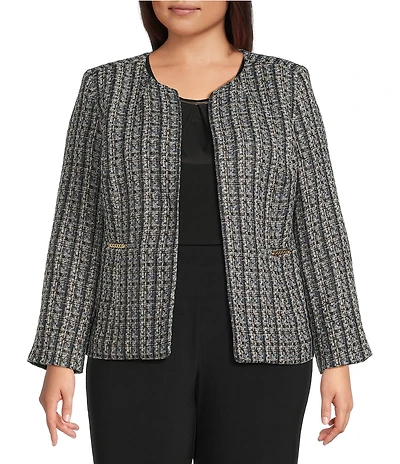 Kasper Plus Size Tweed Long Sleeve Open Front Cardigan