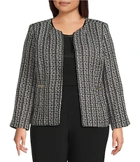 Kasper Plus Size Tweed Long Sleeve Open Front Cardigan