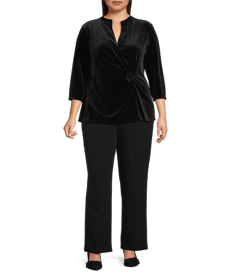 Kasper Plus Size Velvet Wrap V-Neck 3/4 Sleeve Embellished Top