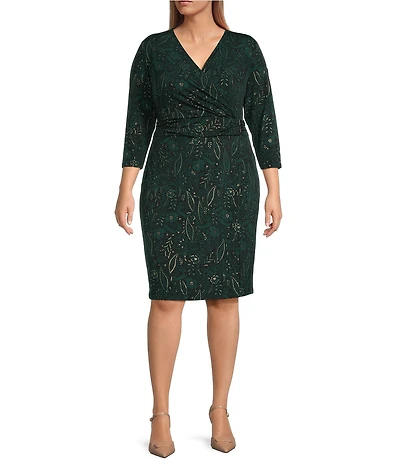 Kasper Plus Size Wrap V-Neck 3/4 Sleeve Pull-On Dress