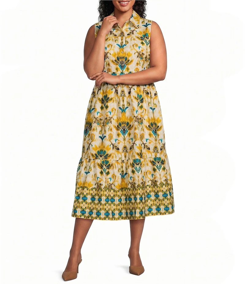 Kasper Plus Sleeveless Printed Poplin Shirt Dress